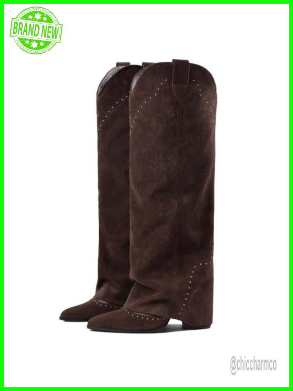 Faux Suede Knee High Boots Women Tall Fold Over Cowboy Boots Chunky Heel